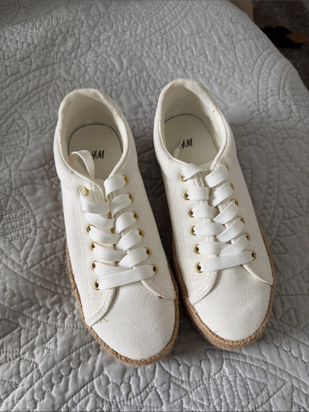 H&M White Canvas Espadrille Lace-Up Sneakers with Gold Eyelets